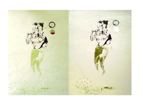 "Echos ", série de 15 monotypes, 2017-19 monotype, sérigraphie et pochoir, rehaut au crayon de papier, sur papier de soie ajouré, 48 X 37 cm