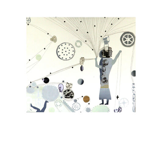 Collage, pochoir, empreinte et crayon sur papier, 55 x 62 cm